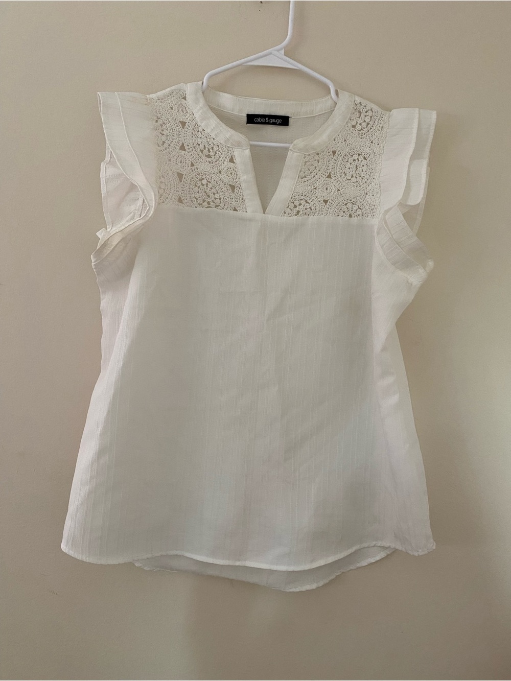 Cable & Gauge white Crochet Flutter Sleeve summer top